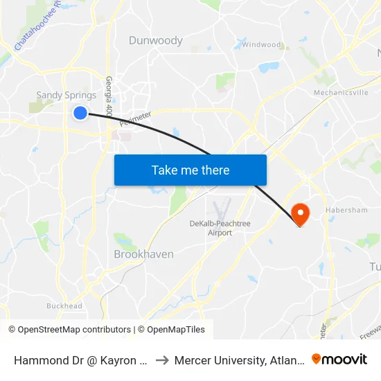 Hammond Dr @ Kayron Dr to Mercer University, Atlanta map