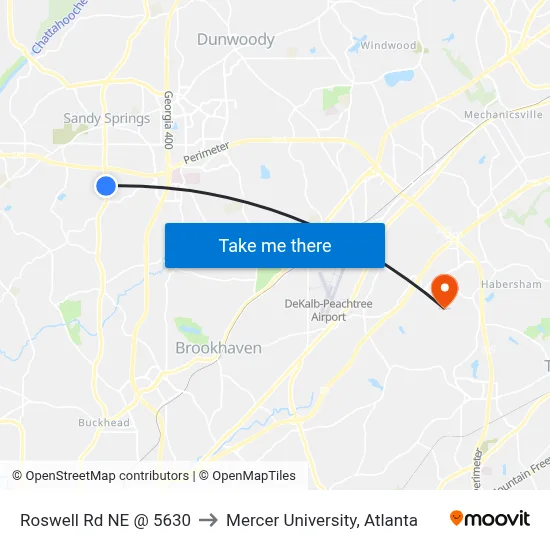 Roswell Rd NE @ 5630 to Mercer University, Atlanta map