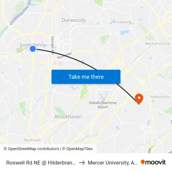 Roswell Rd NE @ Hilderbrand Dr NE to Mercer University, Atlanta map