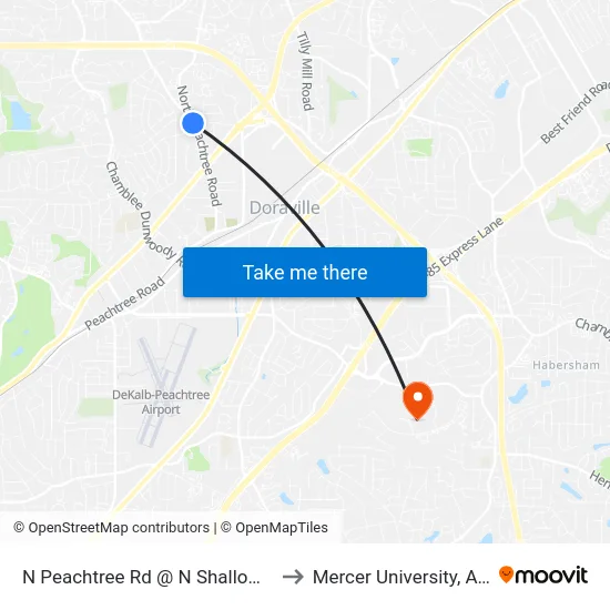 N Peachtree Rd @ N Shallowford Rd to Mercer University, Atlanta map