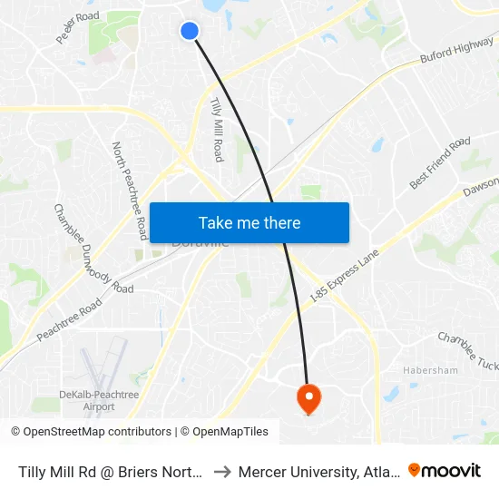 Tilly Mill Rd @ Briers North Dr to Mercer University, Atlanta map