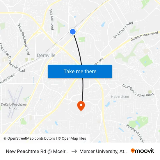 New Peachtree Rd @ Mcelroy Rd to Mercer University, Atlanta map