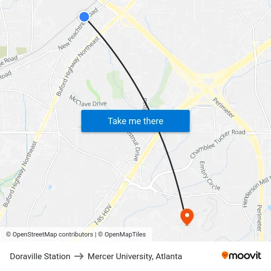 Doraville Station to Mercer University, Atlanta map
