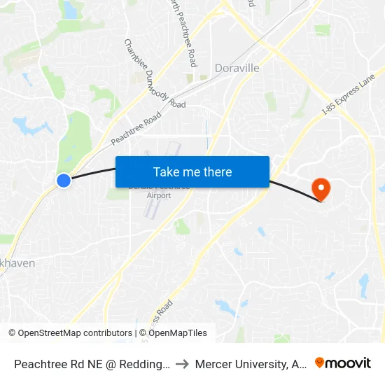 Peachtree Rd NE @ Redding Rd NE to Mercer University, Atlanta map