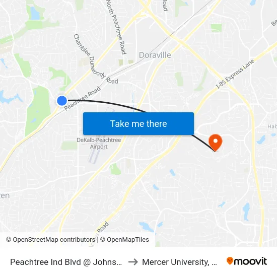 Peachtree Ind Blvd @ Johnson Ferry to Mercer University, Atlanta map