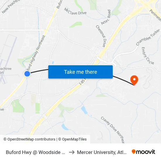Buford Hwy @ Woodside Way to Mercer University, Atlanta map
