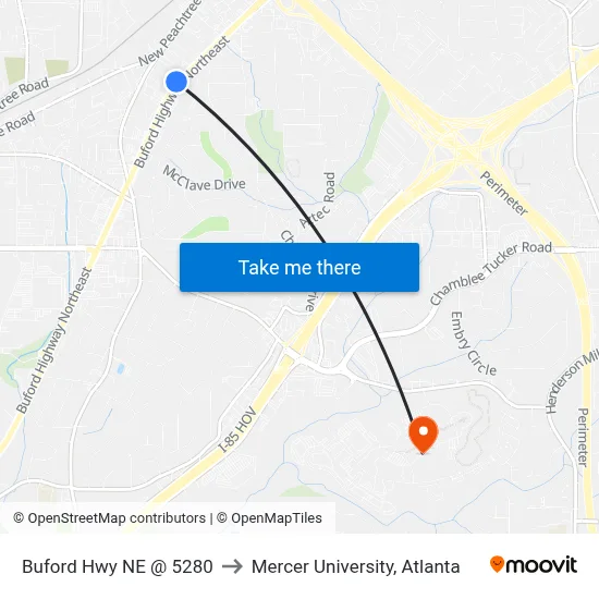 Buford Hwy NE @ 5280 to Mercer University, Atlanta map