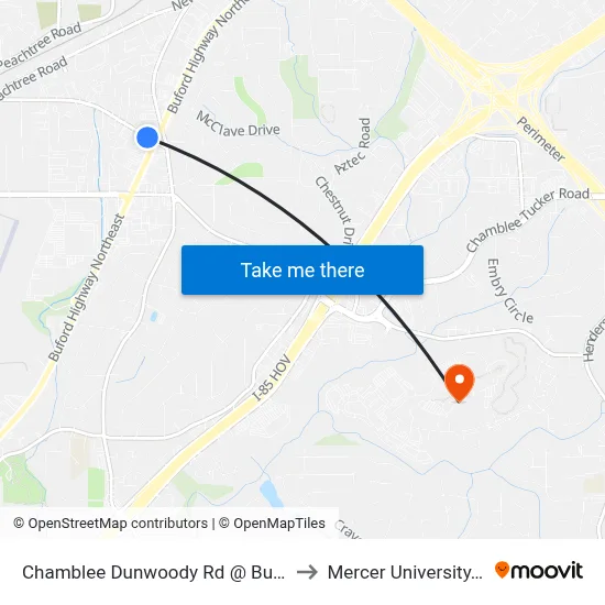 Chamblee Dunwoody Rd @ Buford Hwy NE to Mercer University, Atlanta map