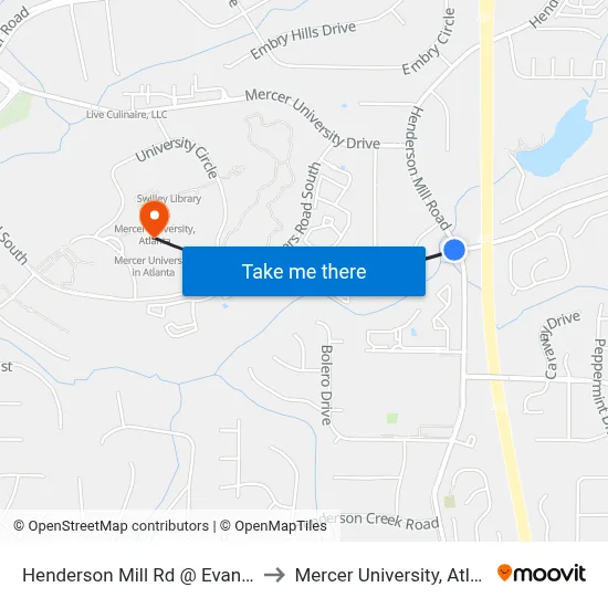 Henderson Mill Rd @ Evans Rd to Mercer University, Atlanta map