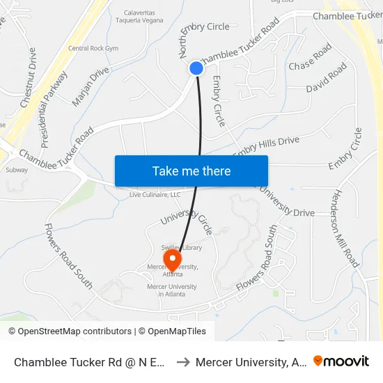 Chamblee Tucker Rd @ N Embry Cir to Mercer University, Atlanta map