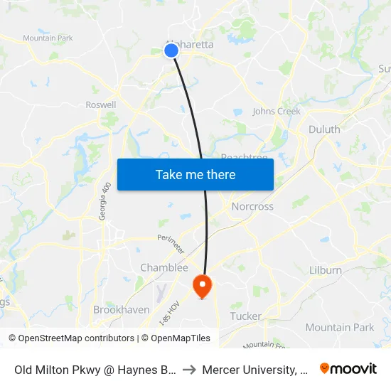 Old Milton Pkwy @ Haynes Bridge Rd to Mercer University, Atlanta map