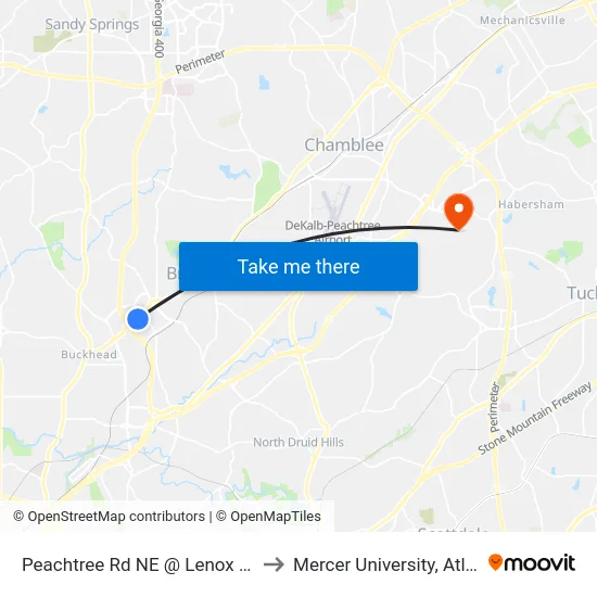 Peachtree Rd NE @ Lenox Pkwy to Mercer University, Atlanta map
