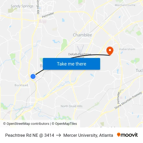 Peachtree Rd NE @ 3414 to Mercer University, Atlanta map