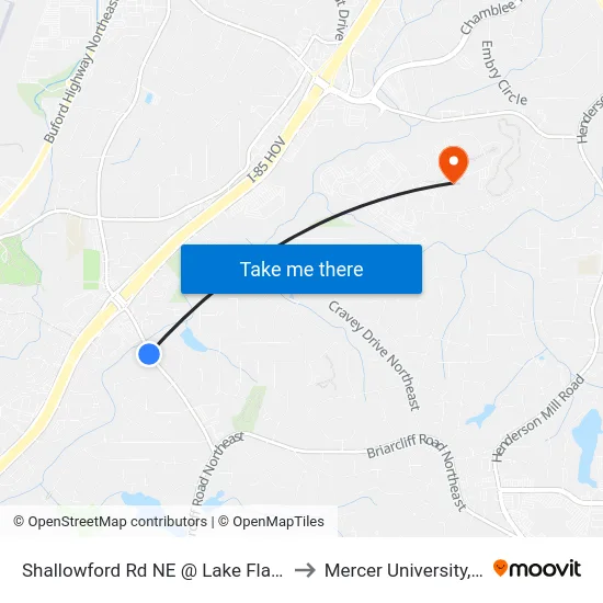 Shallowford Rd NE @ Lake Flair Cir NE (N) to Mercer University, Atlanta map