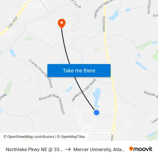 Northlake Pkwy NE @ 3330 to Mercer University, Atlanta map