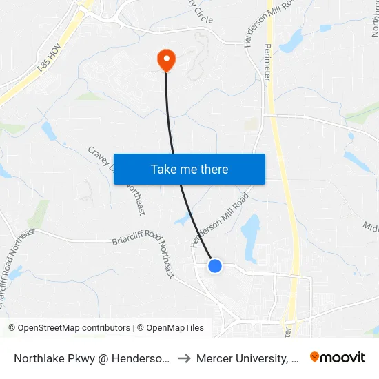 Northlake Pkwy @ Henderson Mill Rd to Mercer University, Atlanta map