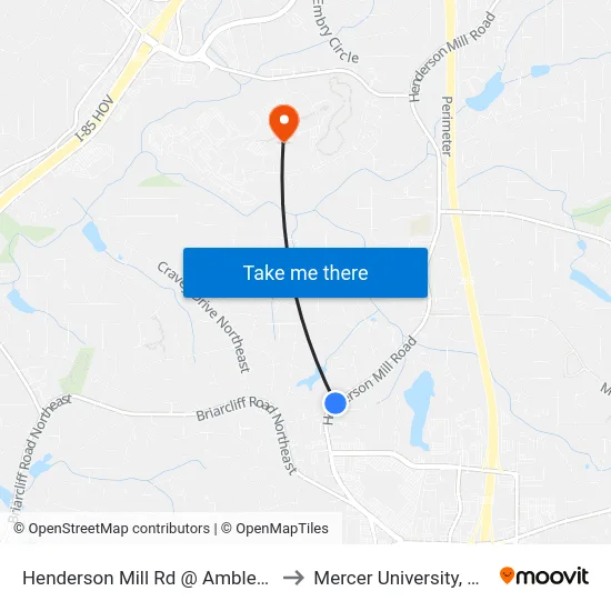 Henderson Mill Rd @ Amblewood Ct to Mercer University, Atlanta map