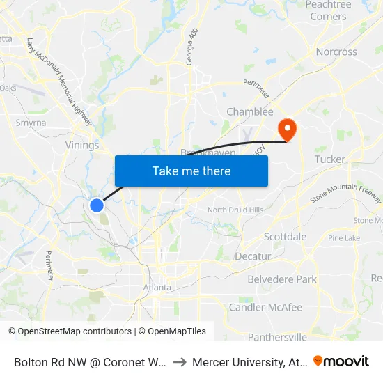 Bolton Rd NW @ Coronet Way NW to Mercer University, Atlanta map