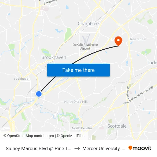 Sidney Marcus Blvd @ Pine Tree Rd NE to Mercer University, Atlanta map