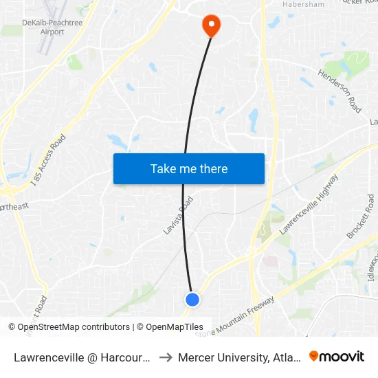 Lawrenceville @ Harcourt Dr to Mercer University, Atlanta map