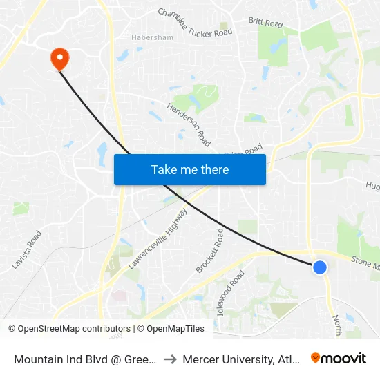 Mountain Ind Blvd @ Greer Cir to Mercer University, Atlanta map