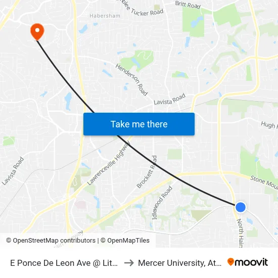 E Ponce De Leon Ave @ Litton Dr to Mercer University, Atlanta map