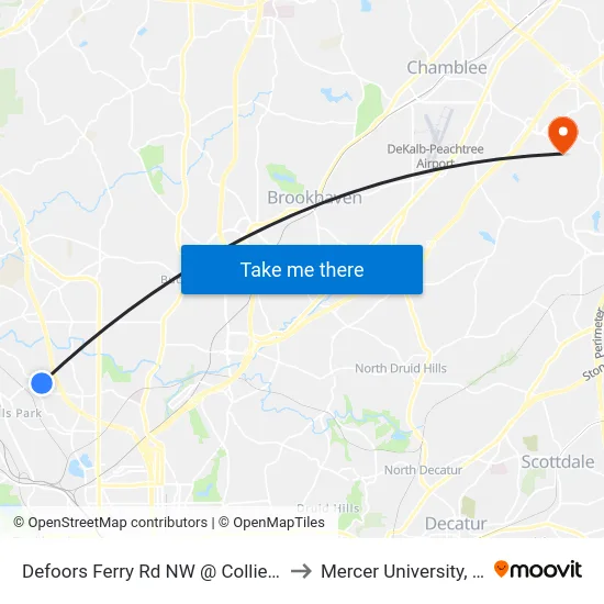 Defoors Ferry Rd NW @ Collier Hills Way to Mercer University, Atlanta map