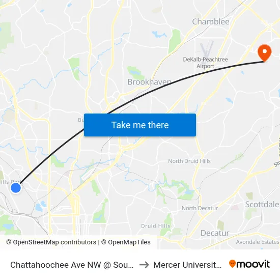 Chattahoochee Ave NW @ Southland Cir NW to Mercer University, Atlanta map