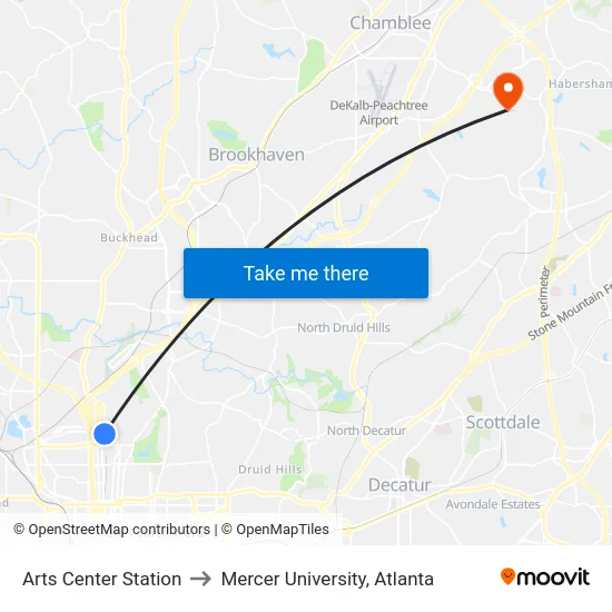 Arts Center Station to Mercer University, Atlanta map
