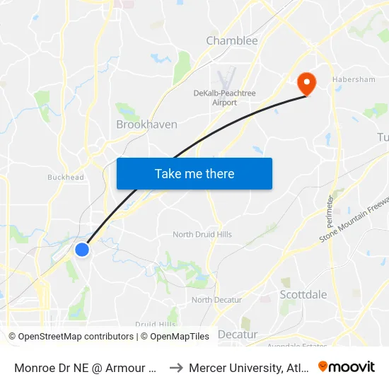 Monroe Dr NE @ Armour Dr NE to Mercer University, Atlanta map