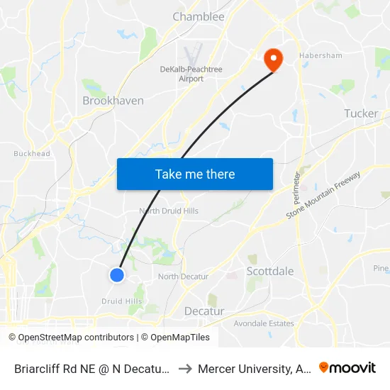 Briarcliff Rd NE @ N Decatur Rd NE to Mercer University, Atlanta map