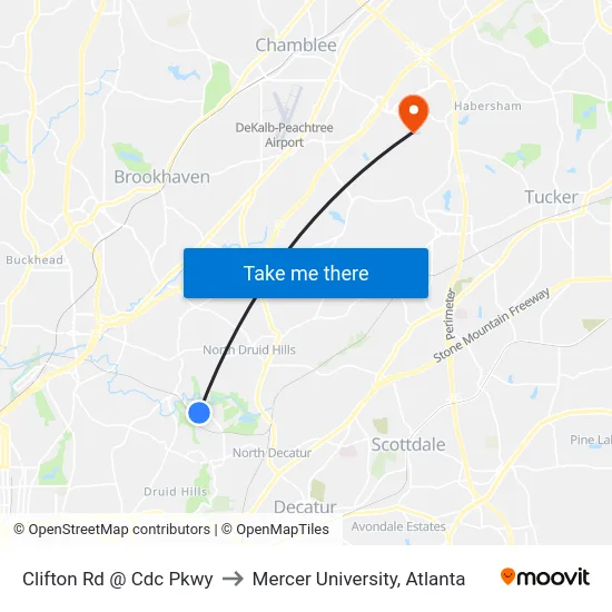 Clifton Rd @ Cdc Pkwy to Mercer University, Atlanta map