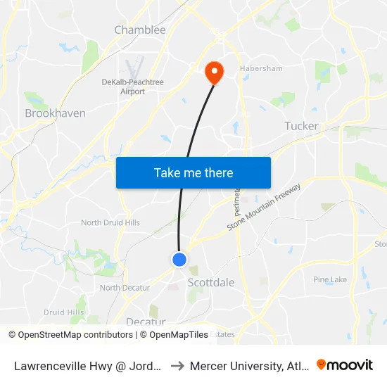 Lawrenceville Hwy @ Jordan Ln to Mercer University, Atlanta map