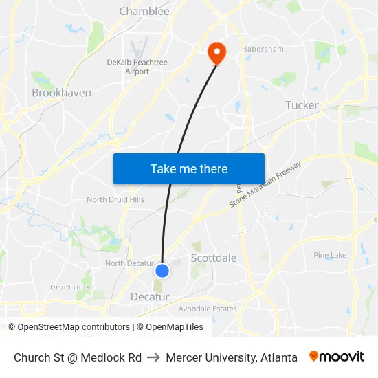 Church St @ Medlock Rd to Mercer University, Atlanta map