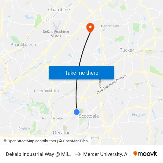 Dekalb Industrial Way @ Milscott Dr to Mercer University, Atlanta map