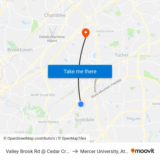 Valley Brook Rd @ Cedar Creek Dr to Mercer University, Atlanta map