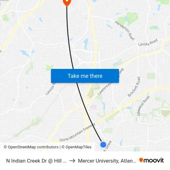 N Indian Creek Dr @ Hill St to Mercer University, Atlanta map