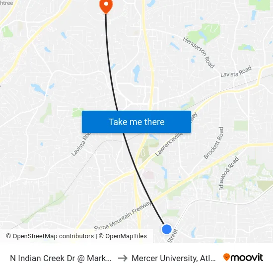 N Indian Creek Dr @ Market St to Mercer University, Atlanta map