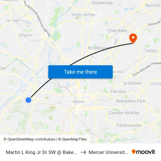 Martin L King Jr Dr SW @ Bakers Ferry Rd SW to Mercer University, Atlanta map