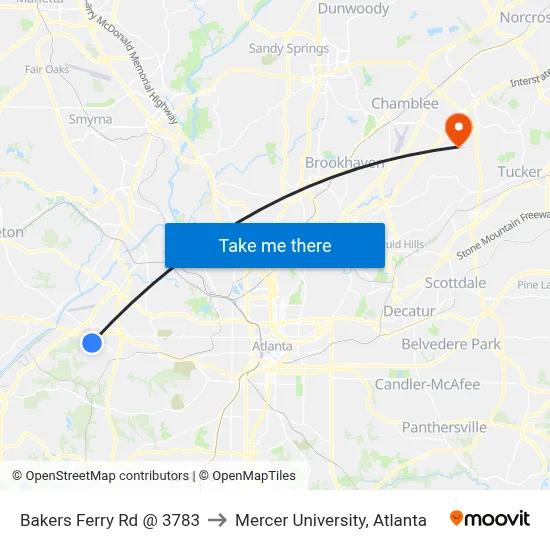 Bakers Ferry Rd @ 3783 to Mercer University, Atlanta map