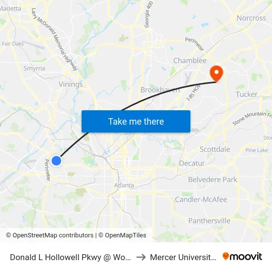 Donald L Hollowell Pkwy @ Woodmere Dr NW to Mercer University, Atlanta map