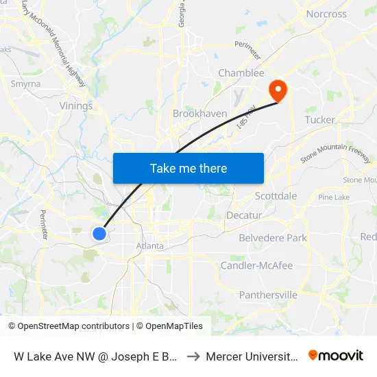 W Lake Ave NW @ Joseph E Boone Blvd NW to Mercer University, Atlanta map