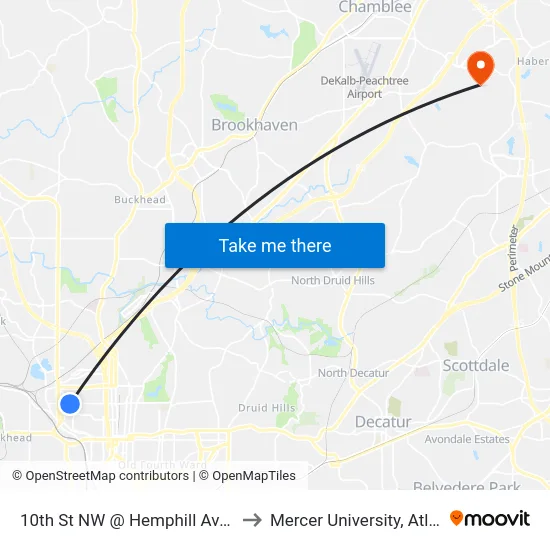 10th St NW @ Hemphill Ave NW to Mercer University, Atlanta map