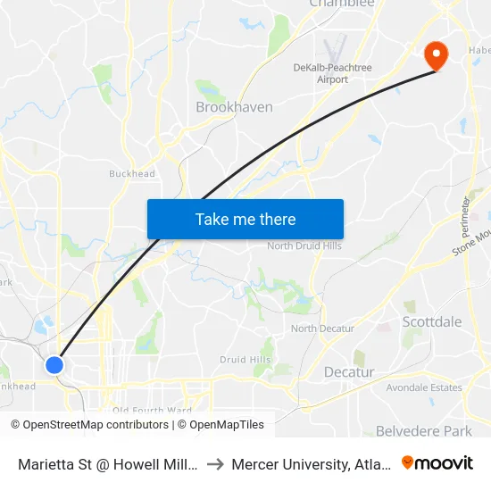 Marietta St @ Howell Mill Rd to Mercer University, Atlanta map