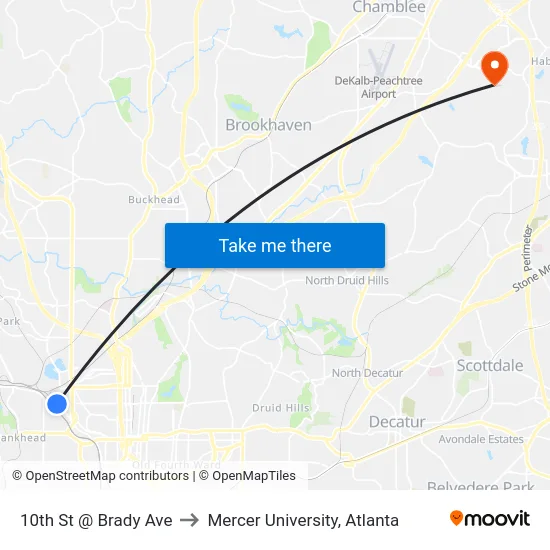 10th St @ Brady Ave to Mercer University, Atlanta map