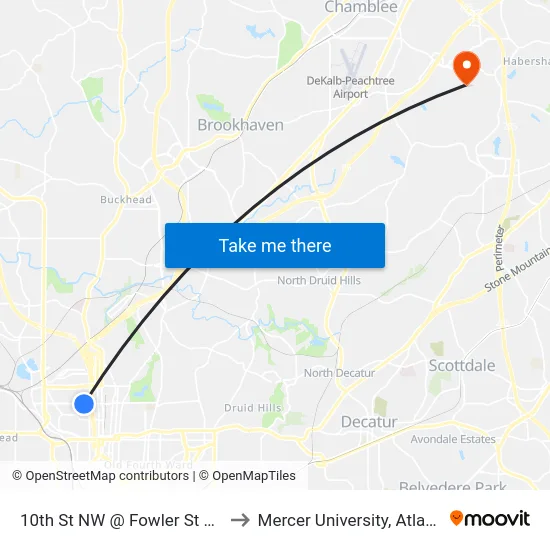 10th St NW @ Fowler St NW to Mercer University, Atlanta map