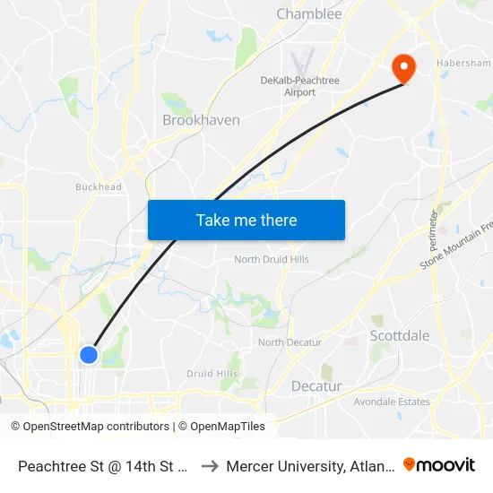 Peachtree St @ 14th St NE to Mercer University, Atlanta map
