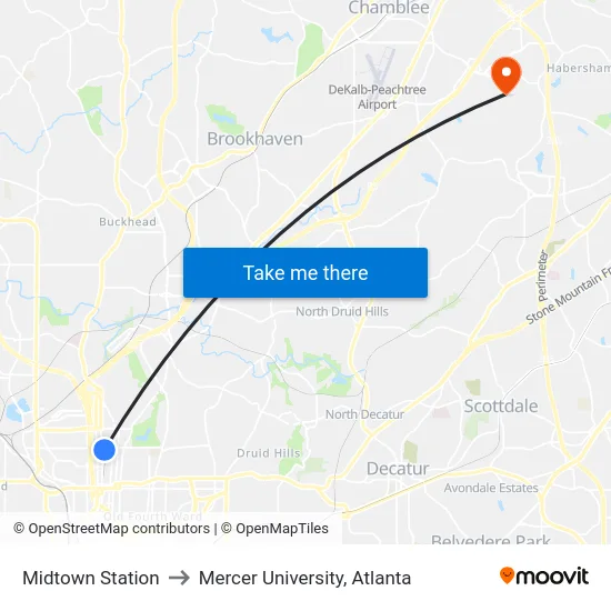 Midtown Station to Mercer University, Atlanta map