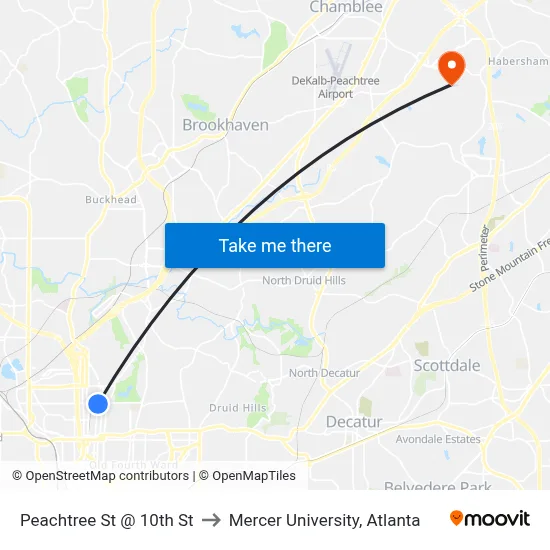Peachtree St @ 10th St to Mercer University, Atlanta map