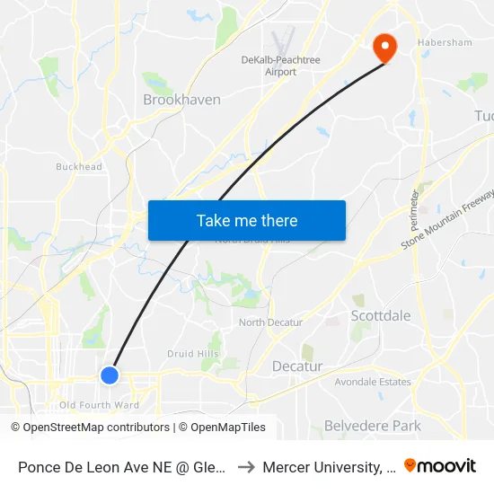 Ponce De Leon Ave NE @ Glen Iris Dr NE to Mercer University, Atlanta map